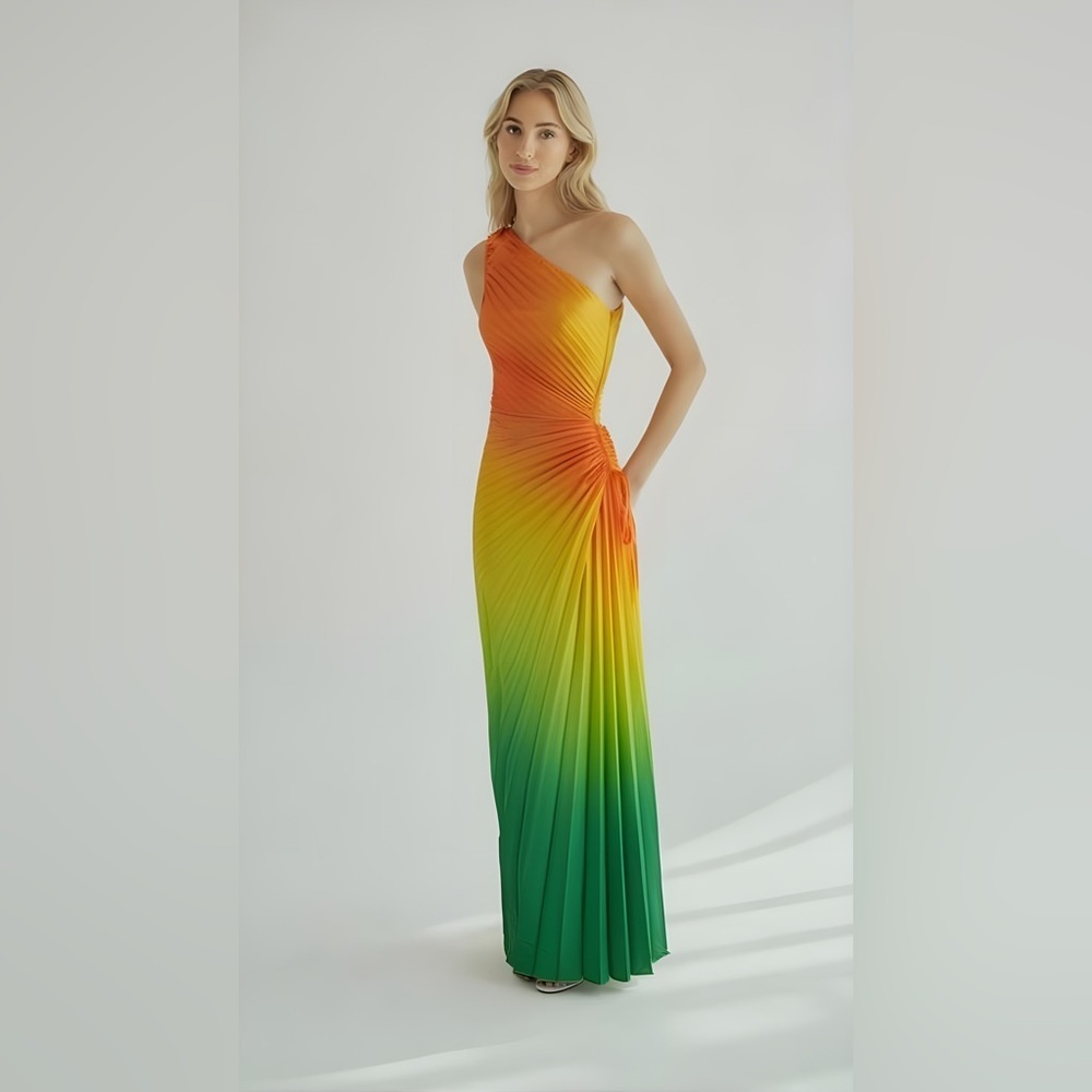 SHEIN One-Shoulder Orange and Green Dress